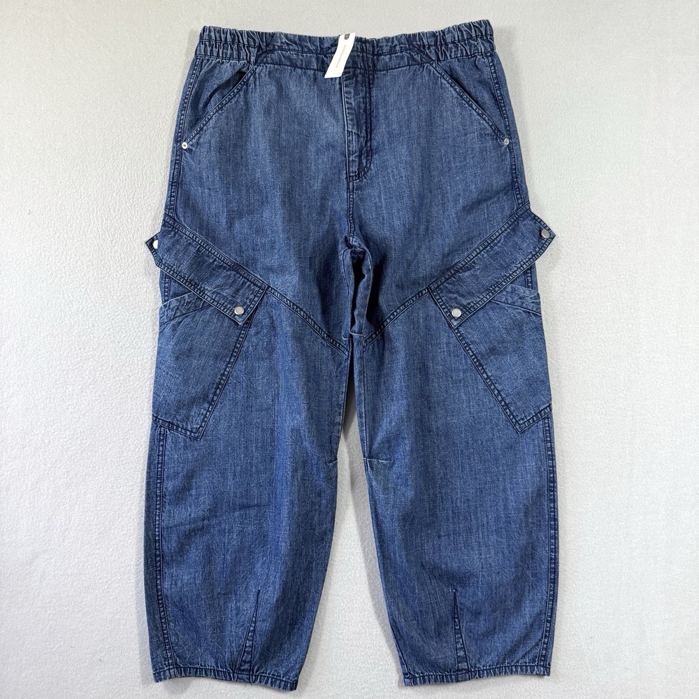 Pilcro Wide Leg Flare Cargo Jeans in Dark Blue Denim